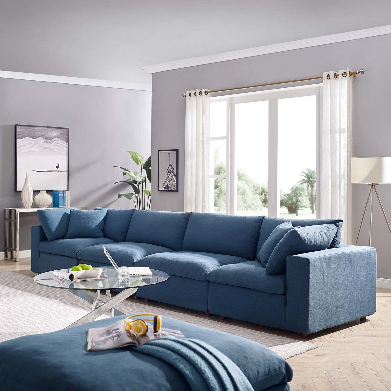Commix Down Filled Overstuffed 4 Piece Sectional Sofa Set, Fabric, Navy Blue 15731