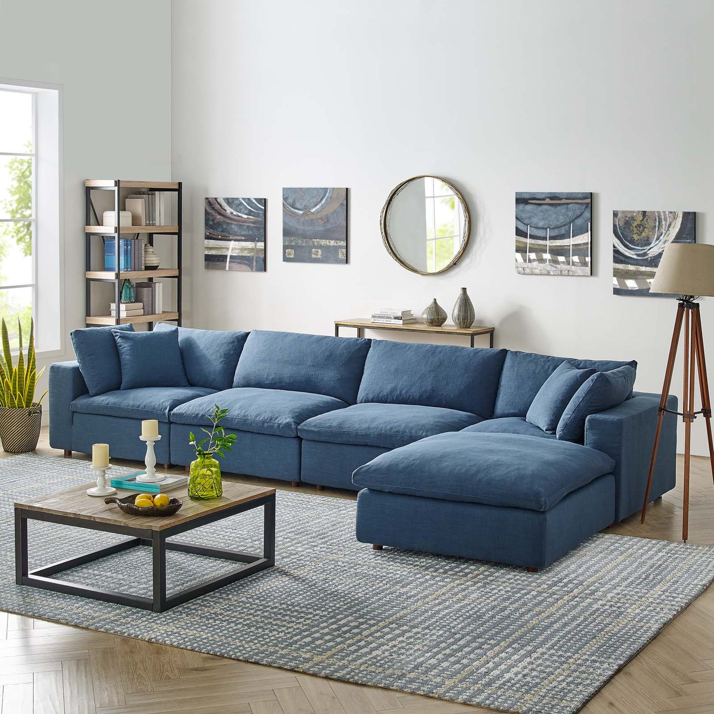 Commix Down Filled Overstuffed 5 Piece Sectional Sofa Set, Fabric, Navy Blue, 17310