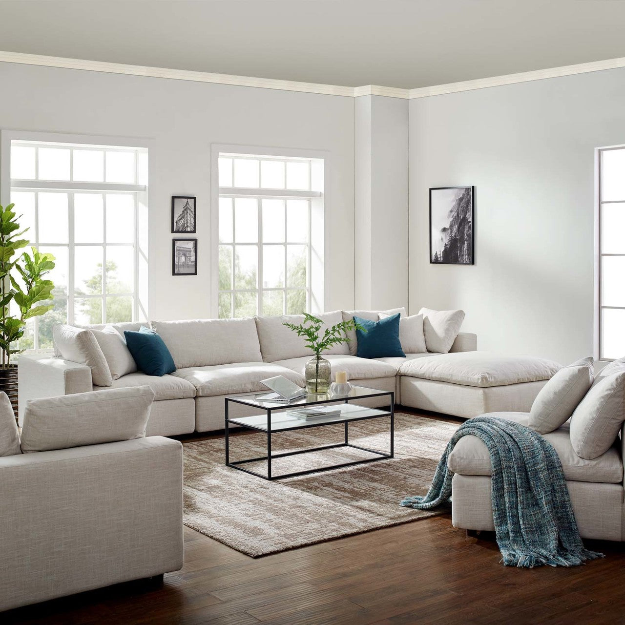 Commix Down Filled Overstuffed 5 Piece Sectional Sofa Set, Fabric, Beige 15736