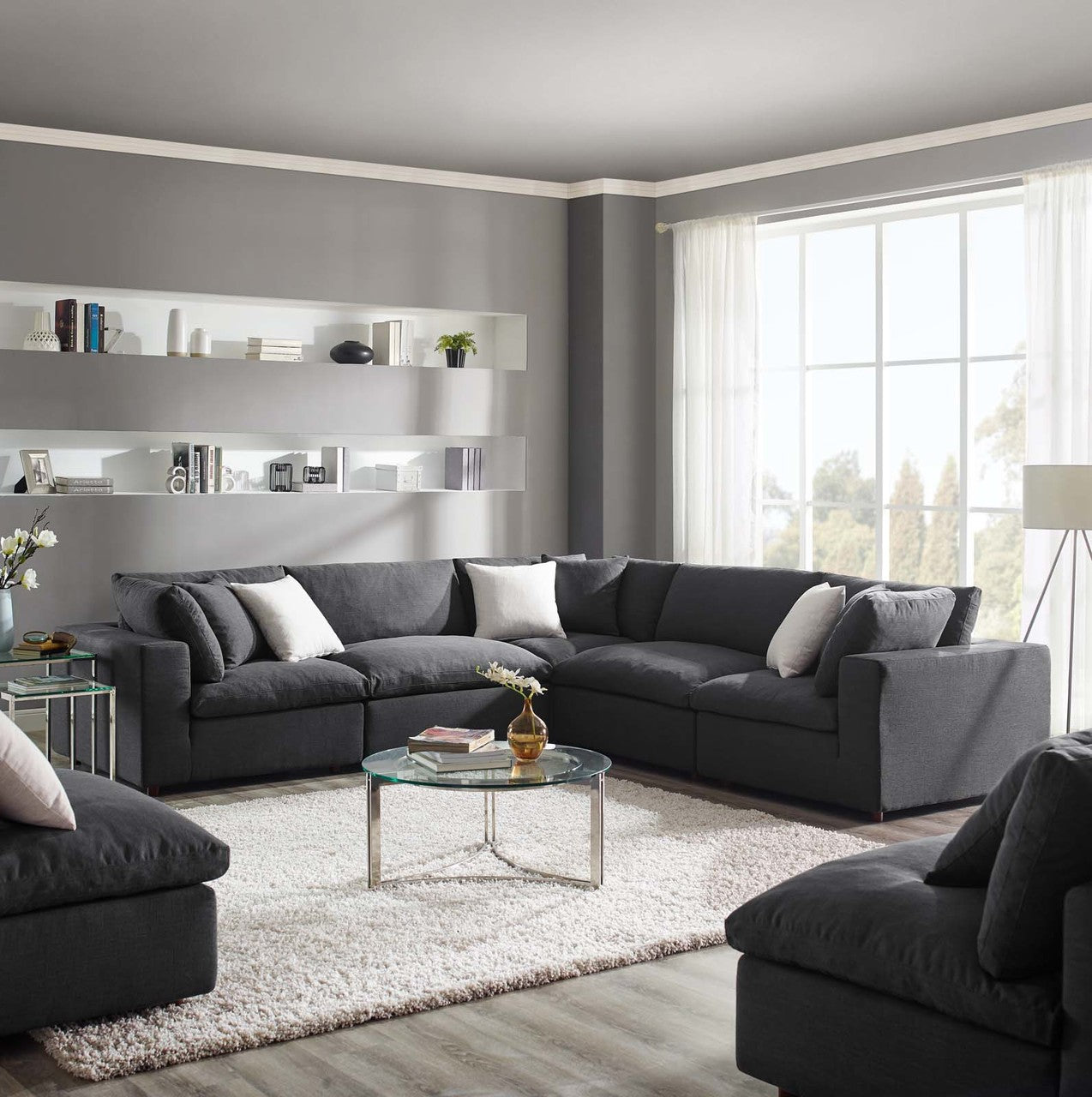 Commix Down Filled Overstuffed 5 Piece Sectional Sofa Set, Fabric, Grey Gray 15742