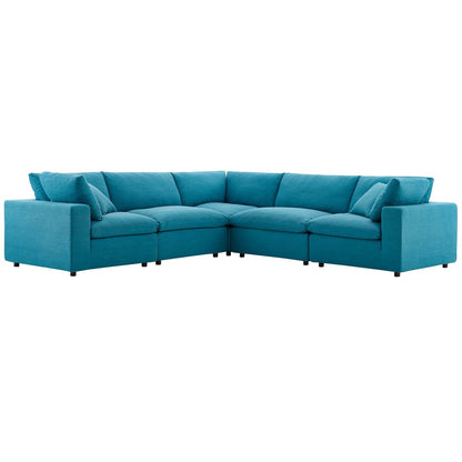 Commix Down Filled Overstuffed 5 Piece Sectional Sofa Set, Fabric, Aqua Blue 15743