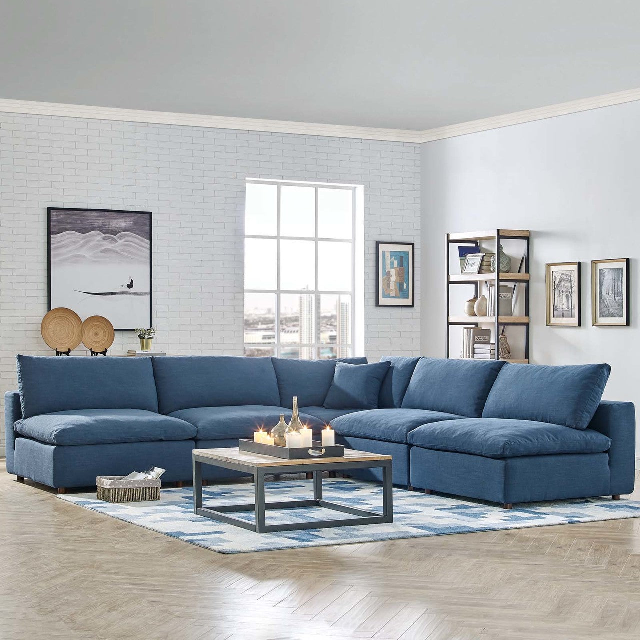 Commix Down Filled Overstuffed 5 Piece Sectional Sofa Set, Fabric, Navy Blue 15745