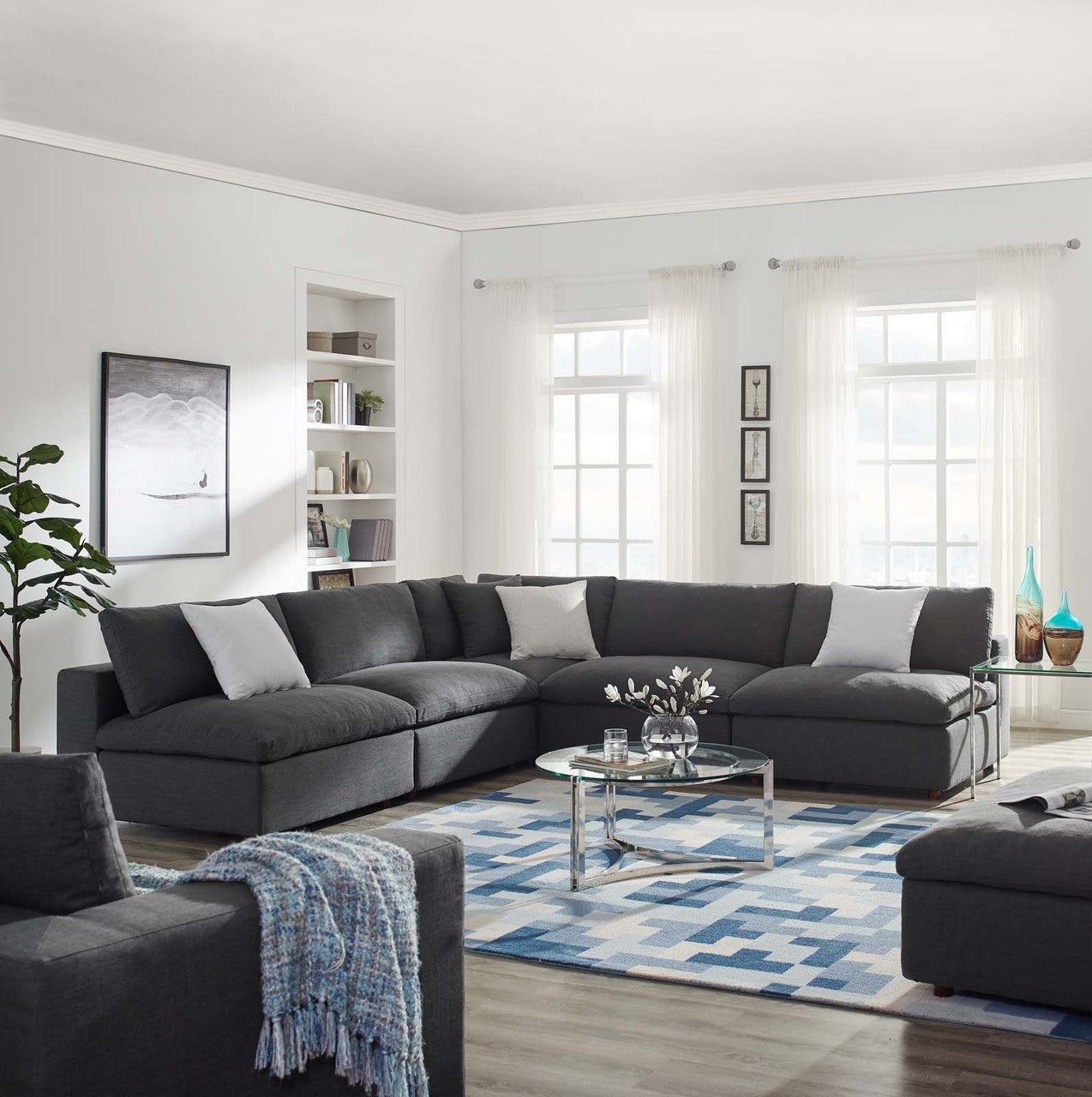 Commix Down Filled Overstuffed 5 Piece Sectional Sofa Set, Fabric, Grey Gray 15747