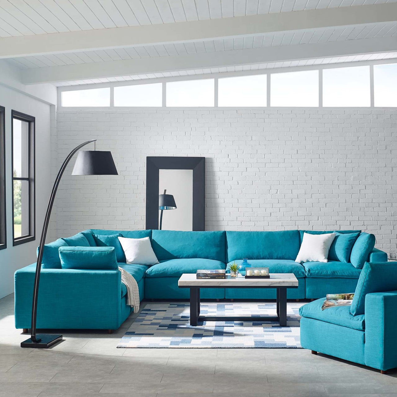 Commix Down Filled Overstuffed 6 Piece Sectional Sofa Set, Fabric, Aqua Blue 15752