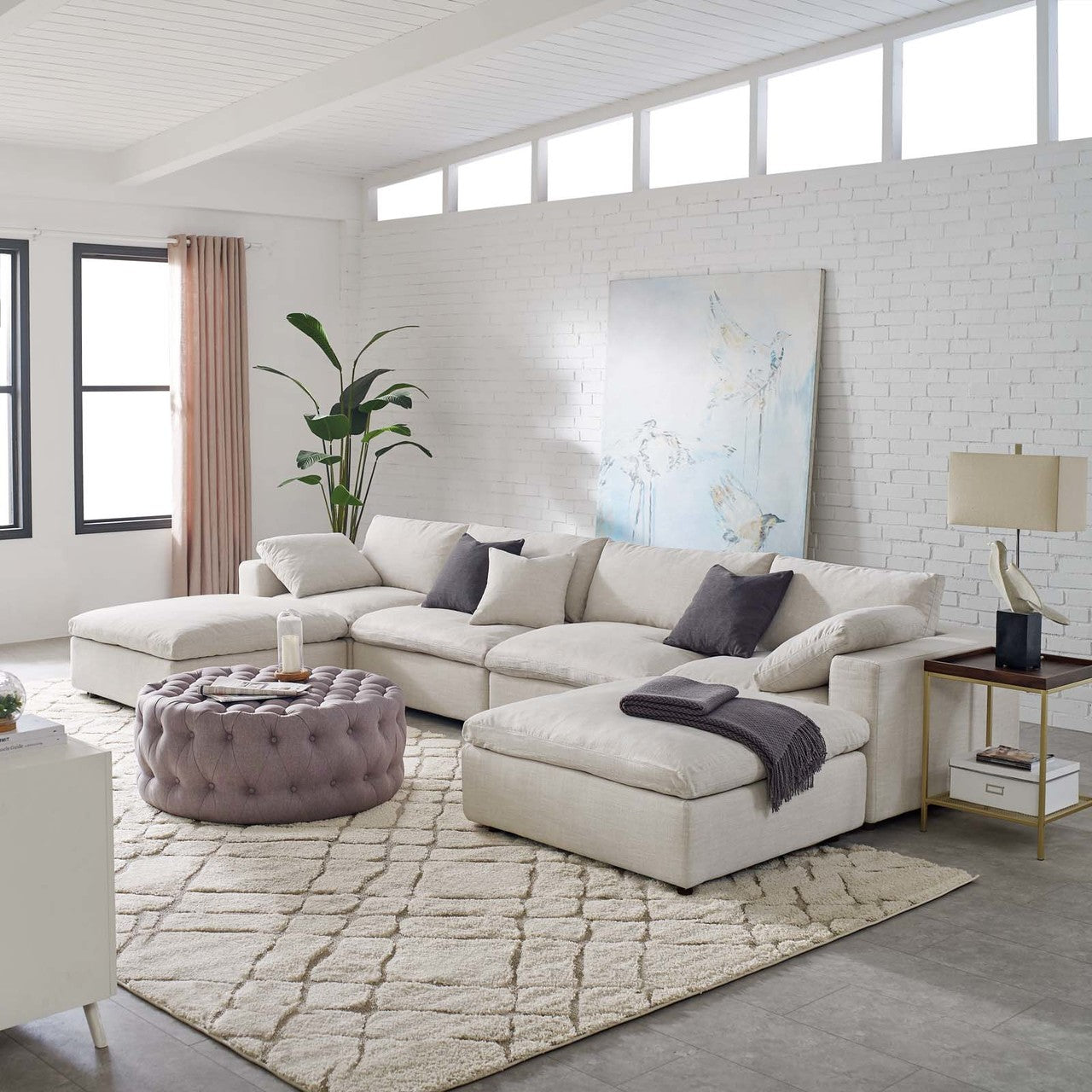 Commix Down Filled Overstuffed 6 Piece Sectional Sofa Set, Fabric, Beige 15755