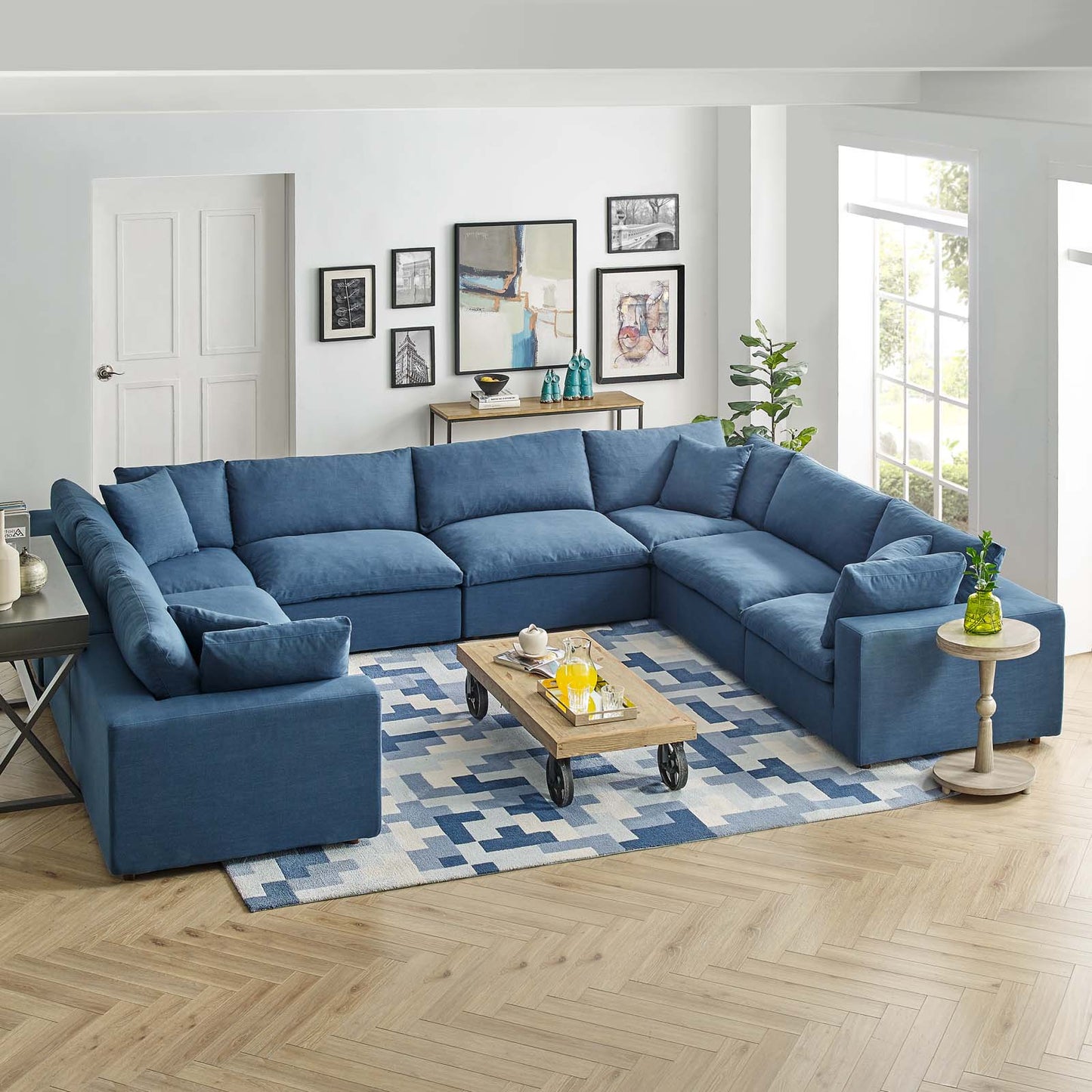 Commix Down Filled Overstuffed 8 Piece Sectional Sofa Set, Fabric, Navy Blue, 17313