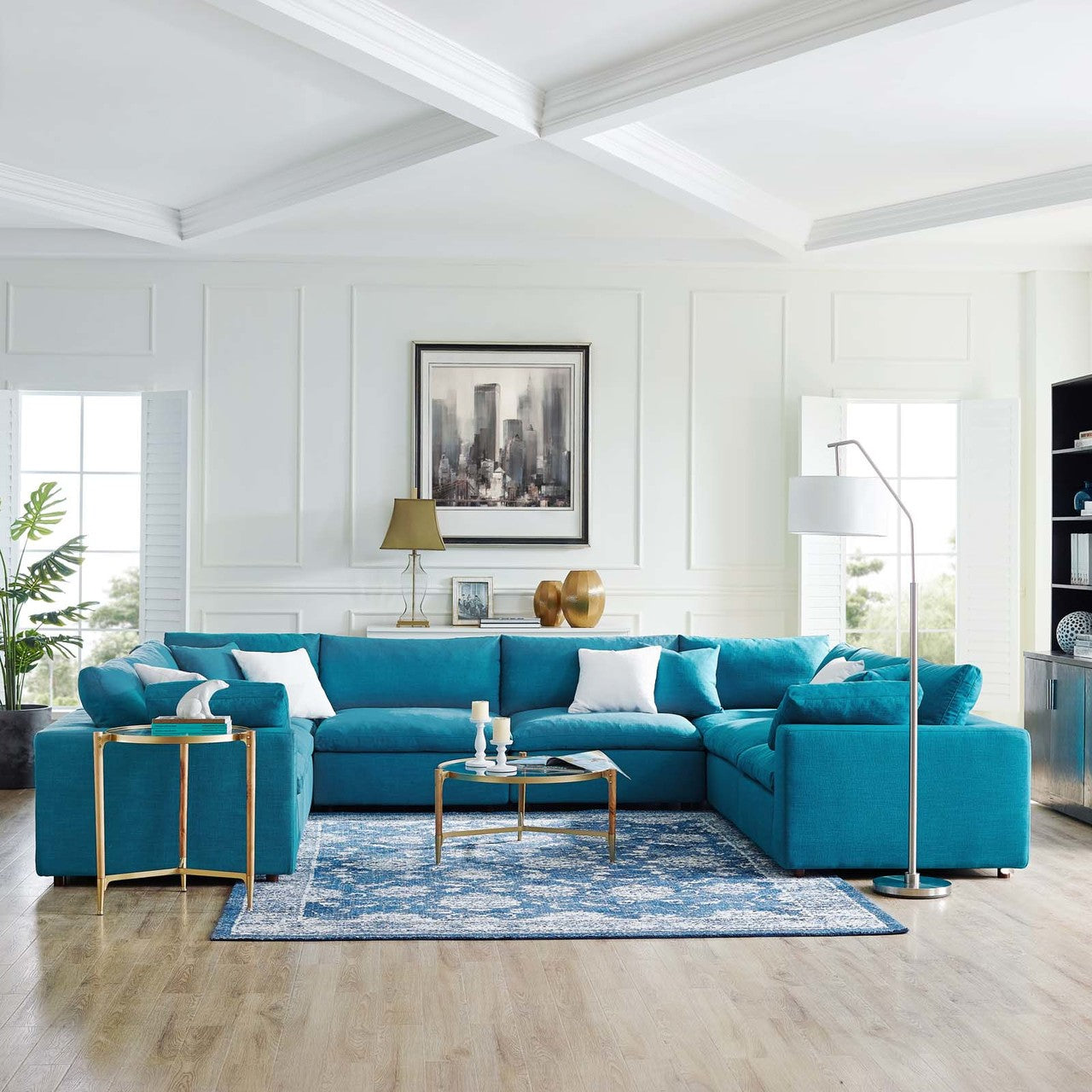 Commix Down Filled Overstuffed 8 Piece Sectional Sofa Set, Fabric, Aqua Blue 15760