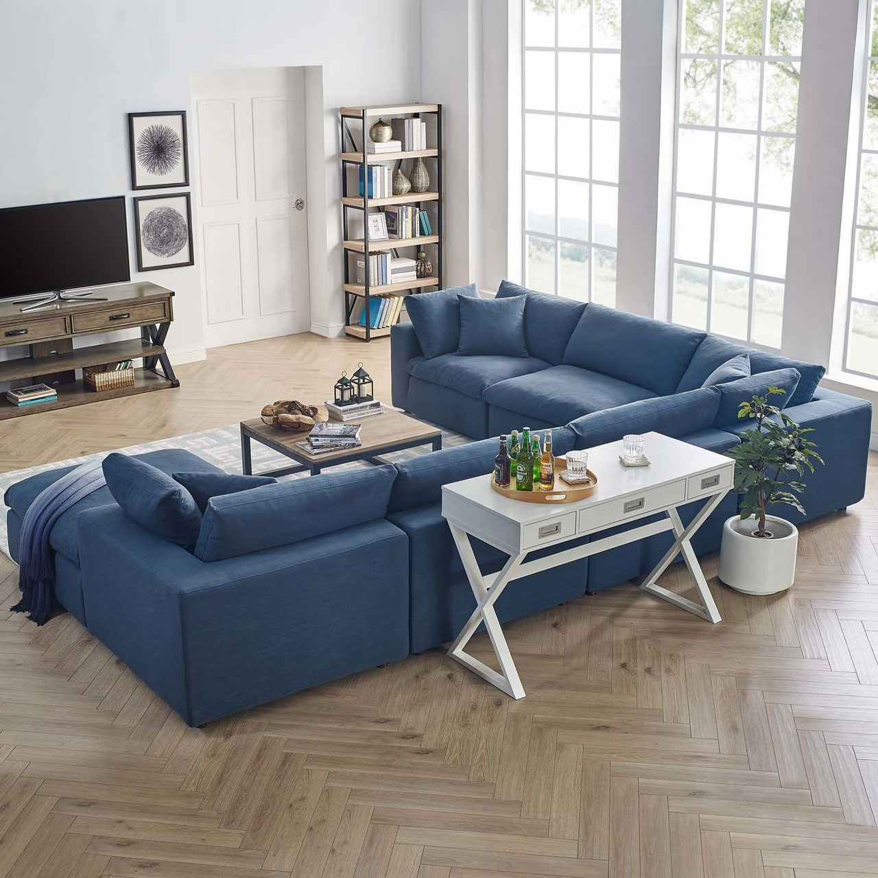 Commix Down Filled Overstuffed 7 Piece Sectional Sofa Set, Fabric, Navy Blue 15762
