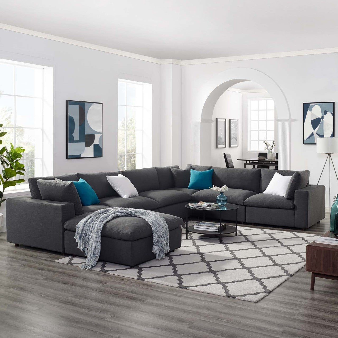 Commix Down Filled Overstuffed 7 Piece Sectional Sofa Set, Fabric, Grey Gray 15763