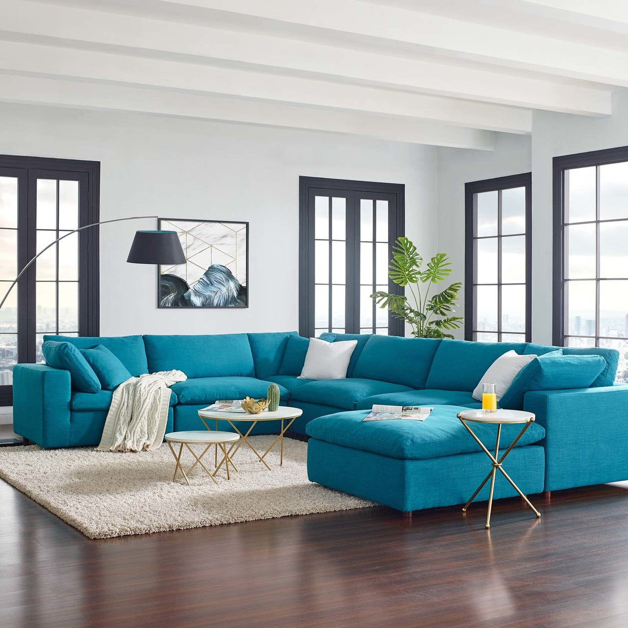 Commix Down Filled Overstuffed 7 Piece Sectional Sofa Set, Fabric, Aqua Blue 15764