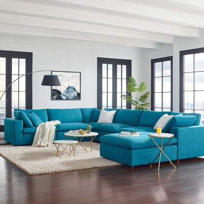 Commix Down Filled Overstuffed 7 Piece Sectional Sofa Set, Fabric, Aqua Blue 15764