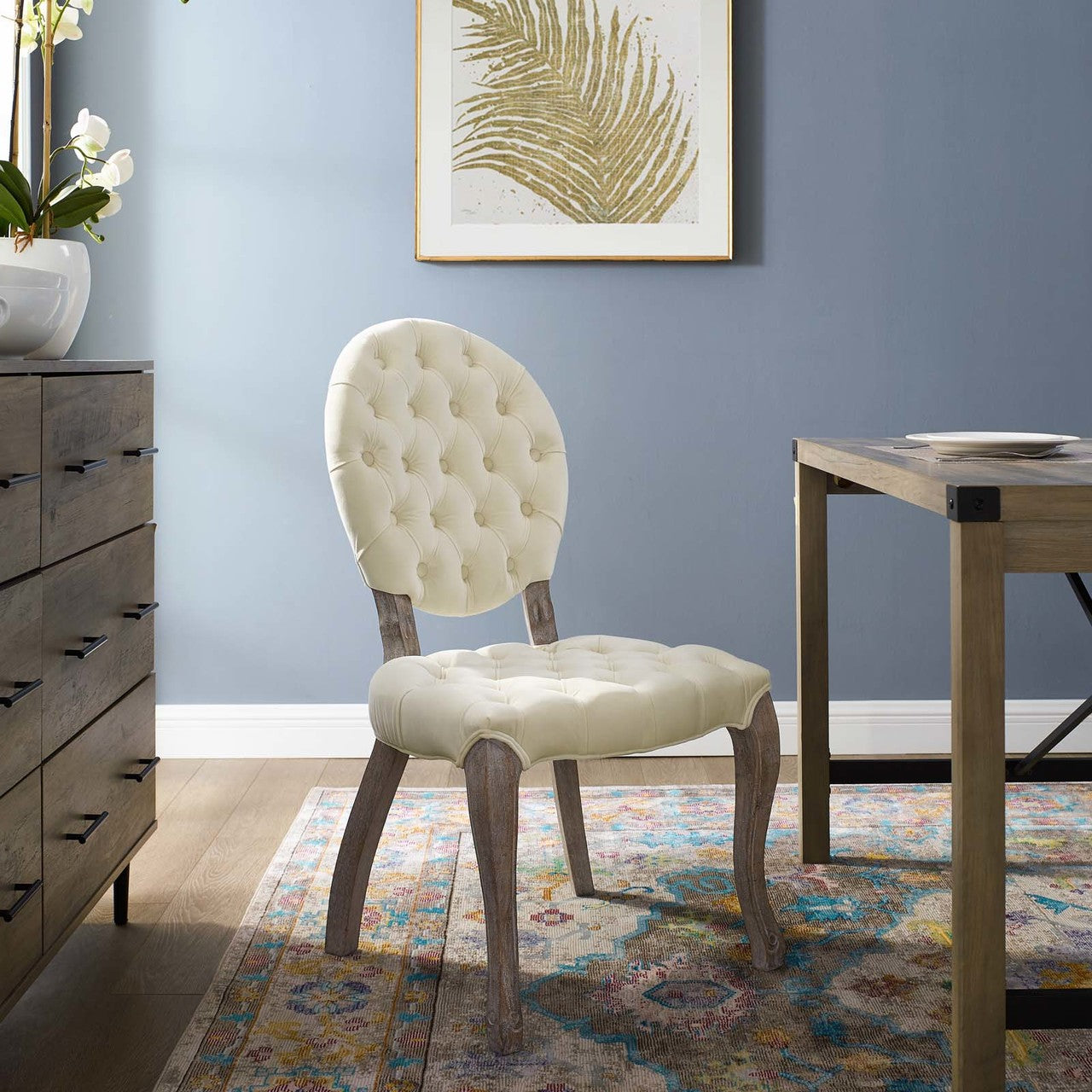 Exhibit French Vintage Dining Performance Velvet Side Chair, Velvet Fabric Wood, Ivory White 15391