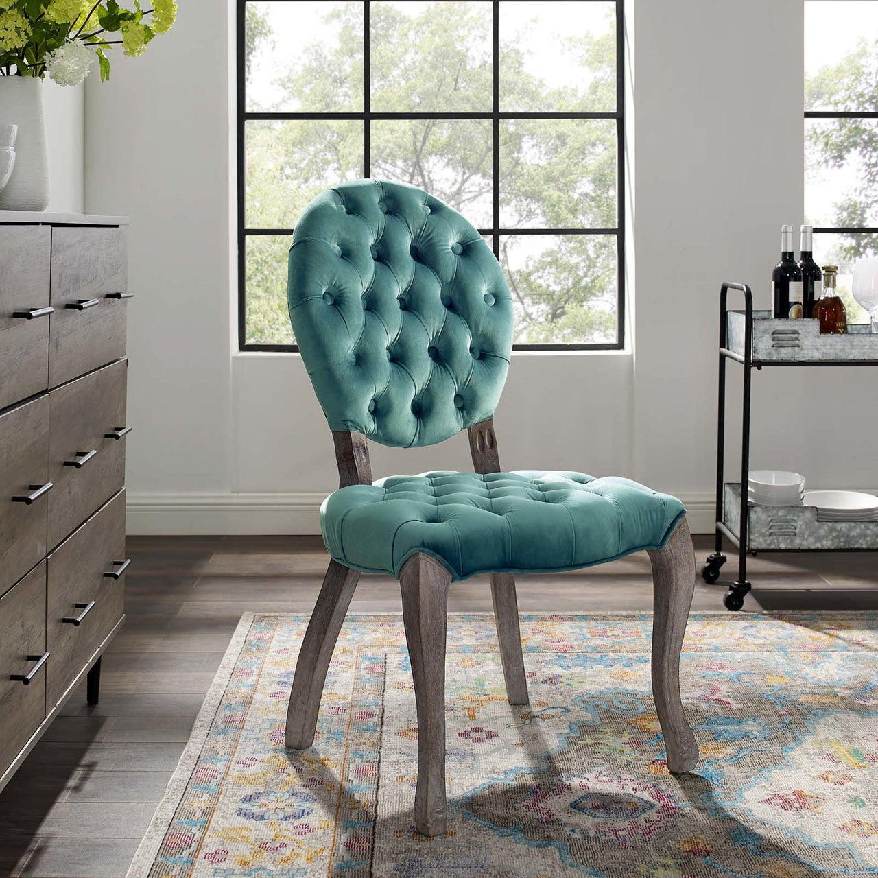 Exhibit French Vintage Dining Performance Velvet Side Chair, Velvet Fabric Wood, Aqua Blue 15393