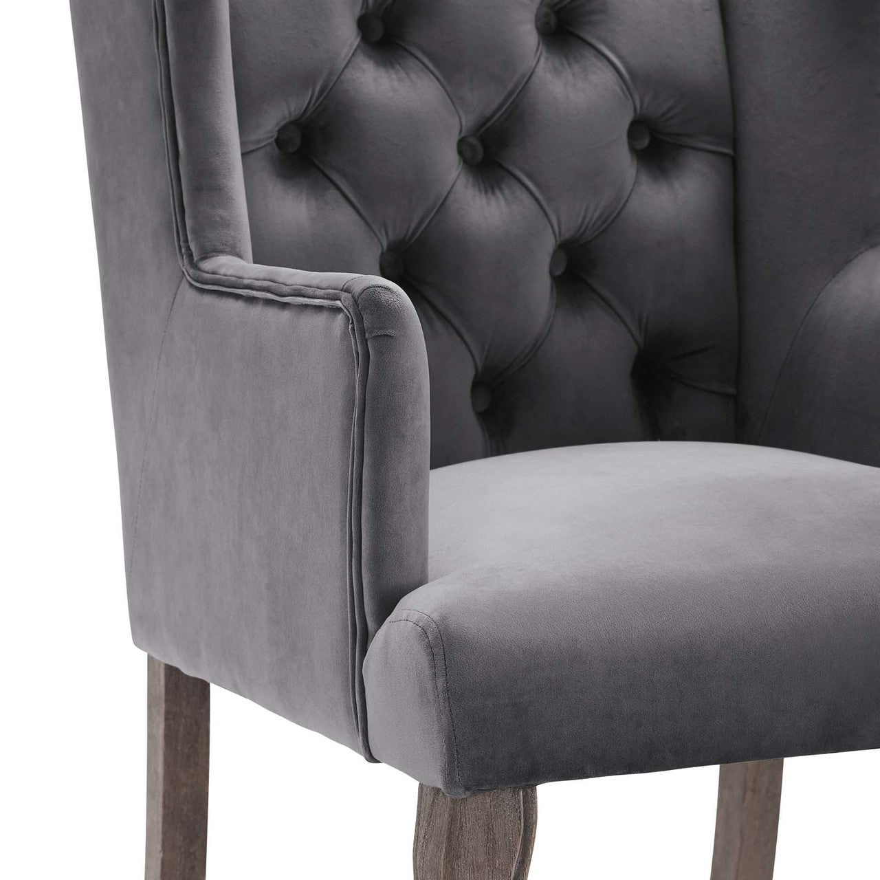 Realm French Vintage Dining Performance Velvet Armchair, Velvet Fabric Wood, Grey Gray 15394