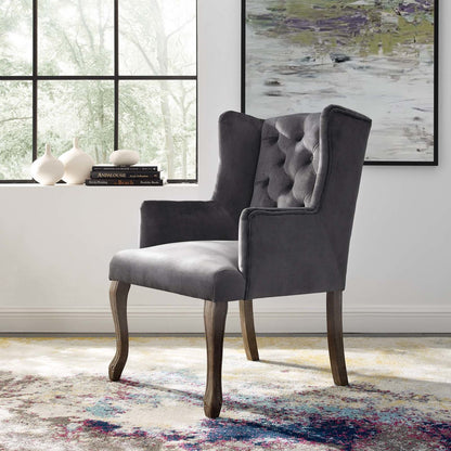 Realm French Vintage Dining Performance Velvet Armchair, Velvet Fabric Wood, Grey Gray 15394