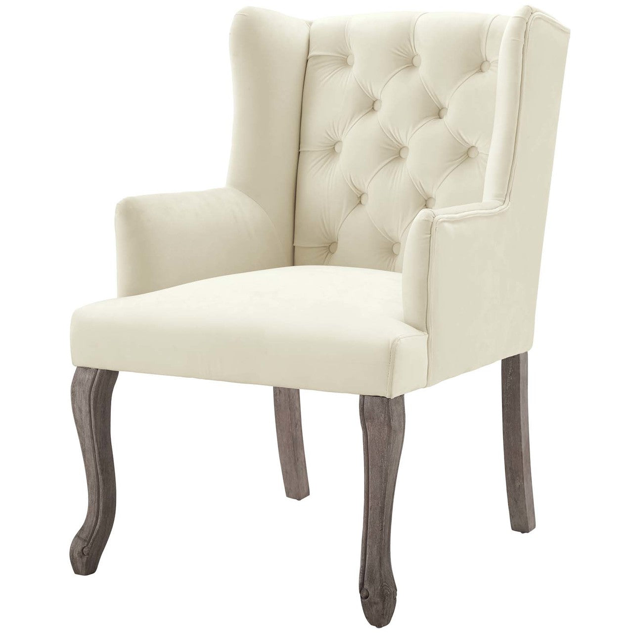 Realm French Vintage Dining Performance Velvet Armchair, Velvet Fabric Wood, Ivory White 15395