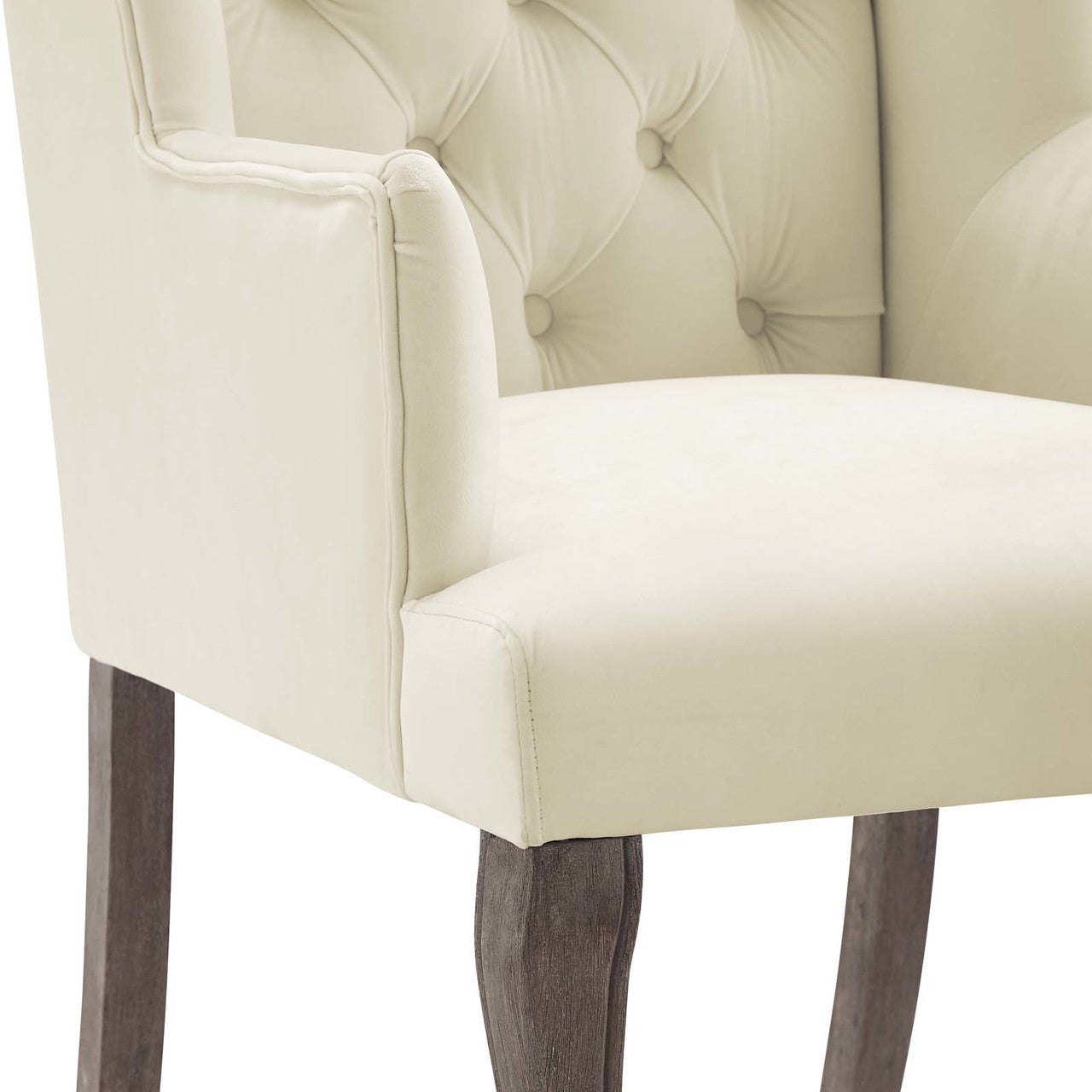 Realm French Vintage Dining Performance Velvet Armchair, Velvet Fabric Wood, Ivory White 15395