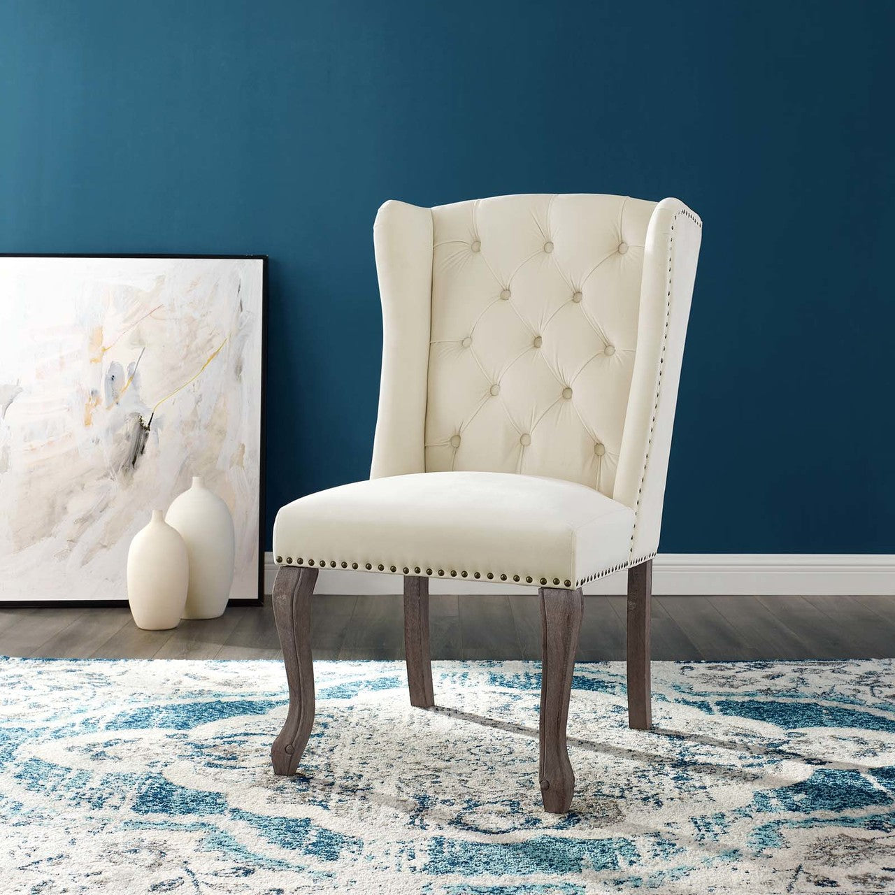 Apprise French Vintage Dining Performance Velvet Side Chair, Velvet Fabric Wood, Ivory White 15398