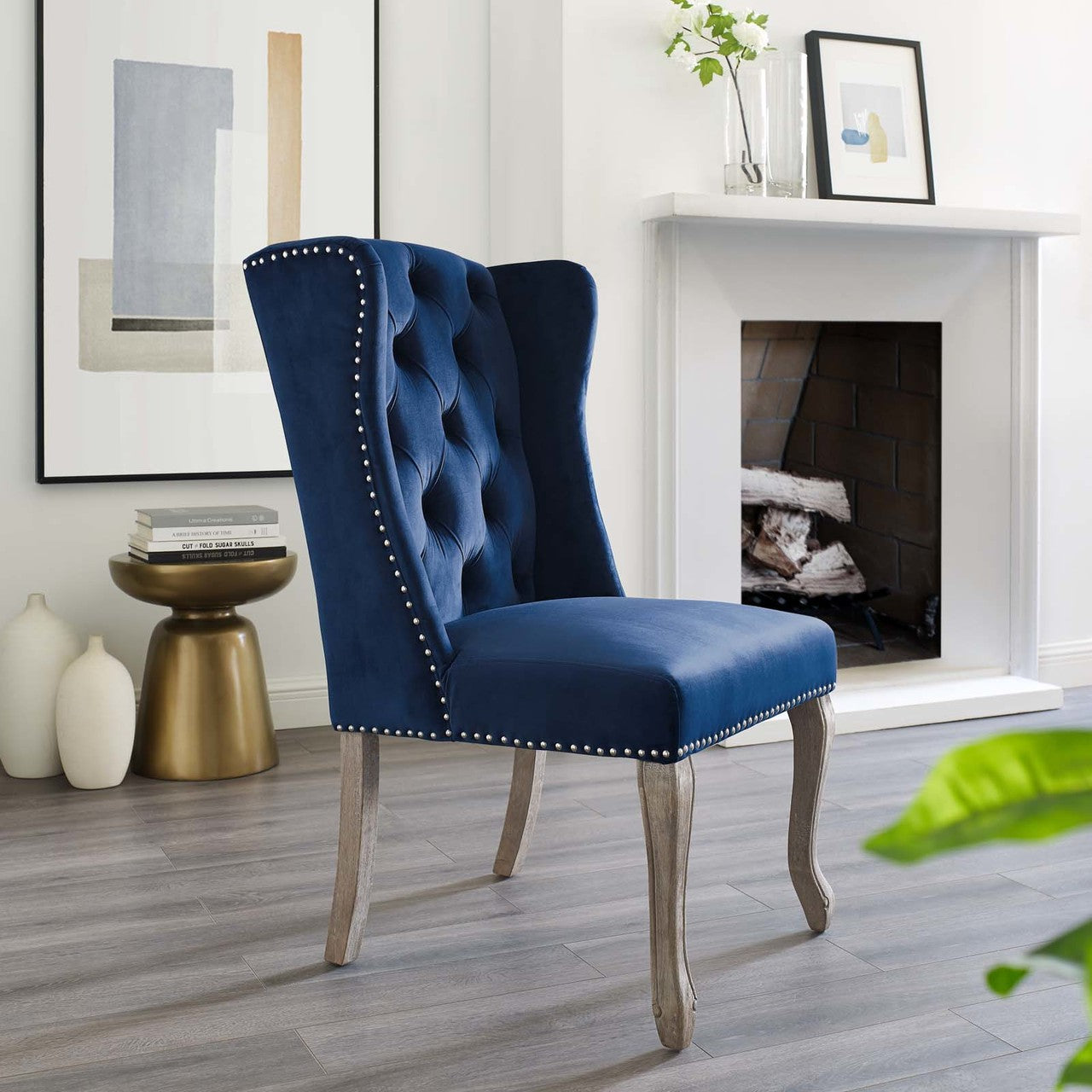 Apprise French Vintage Dining Performance Velvet Side Chair, Velvet Fabric Wood, Navy Blue 15399