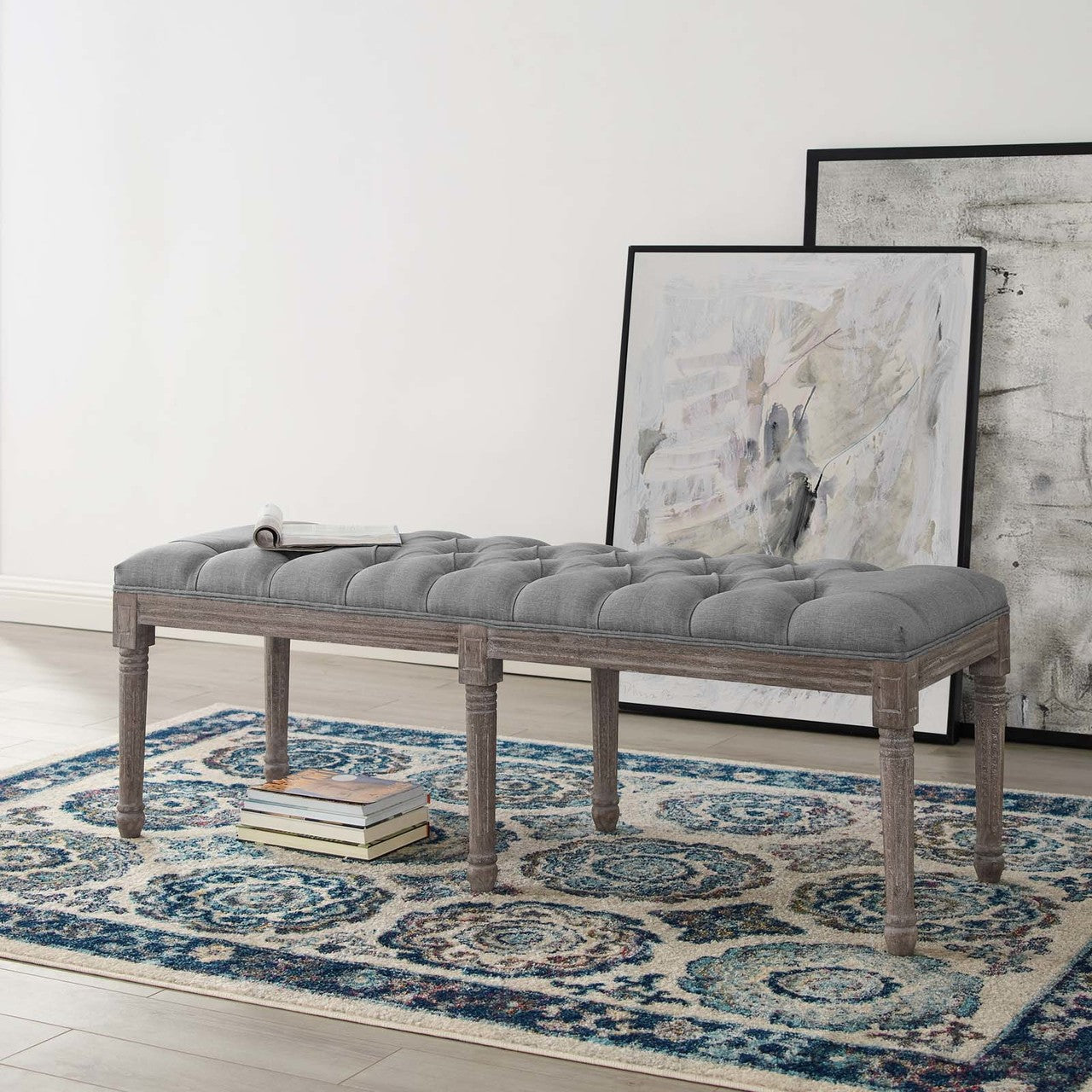 Province French Vintage Performance Velvet Bench, Velvet Fabric, Light Grey Gray 15402