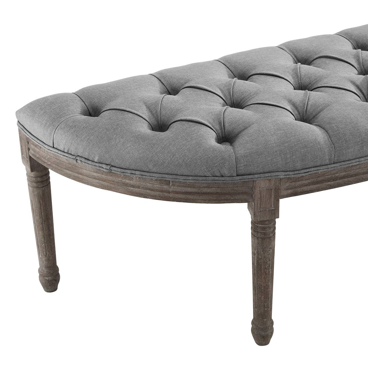 Esteem Vintage French Upholstered Fabric Semi-Circle Bench, Fabric Wood, Light Grey Gray 15406