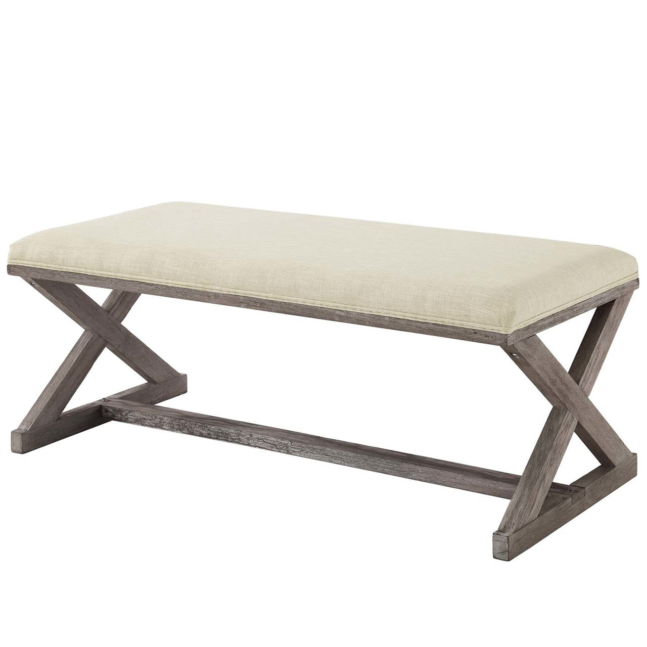 Province Vintage French X-Brace Upholstered Fabric Bench, Fabric Wood, Beige 15412