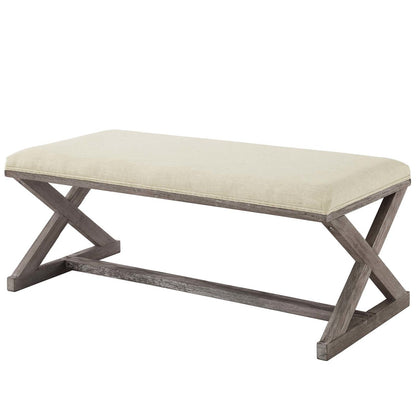 Province Vintage French X-Brace Upholstered Fabric Bench, Fabric Wood, Beige 15412