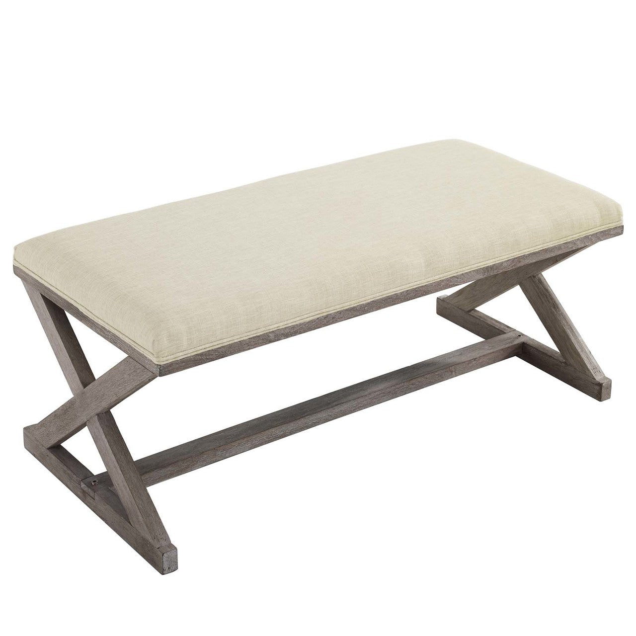 Province Vintage French X-Brace Upholstered Fabric Bench, Fabric Wood, Beige 15412