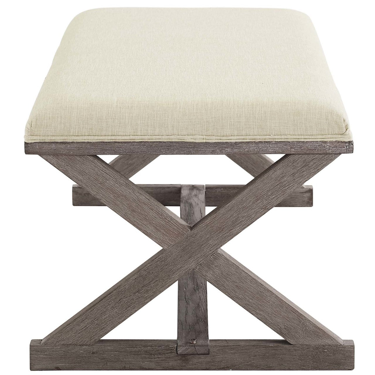 Province Vintage French X-Brace Upholstered Fabric Bench, Fabric Wood, Beige 15412
