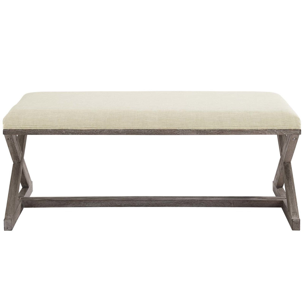 Province Vintage French X-Brace Upholstered Fabric Bench, Fabric Wood, Beige 15412