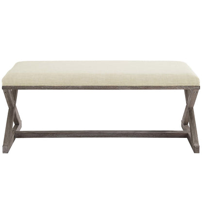 Province Vintage French X-Brace Upholstered Fabric Bench, Fabric Wood, Beige 15412