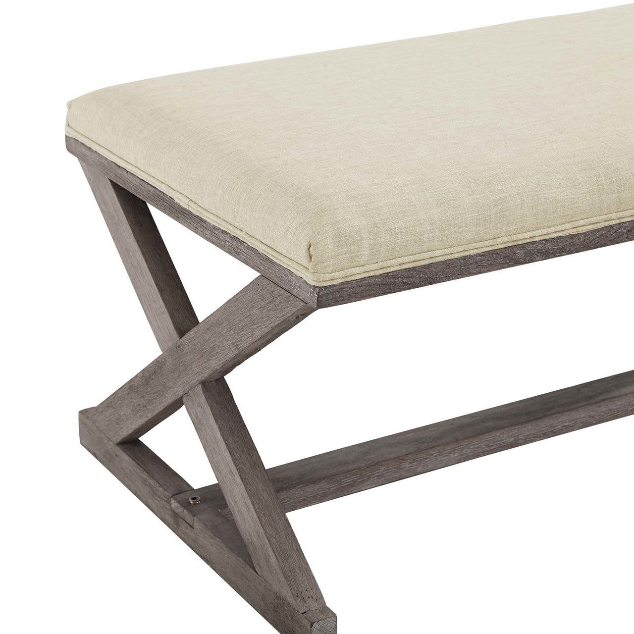 Province Vintage French X-Brace Upholstered Fabric Bench, Fabric Wood, Beige 15412
