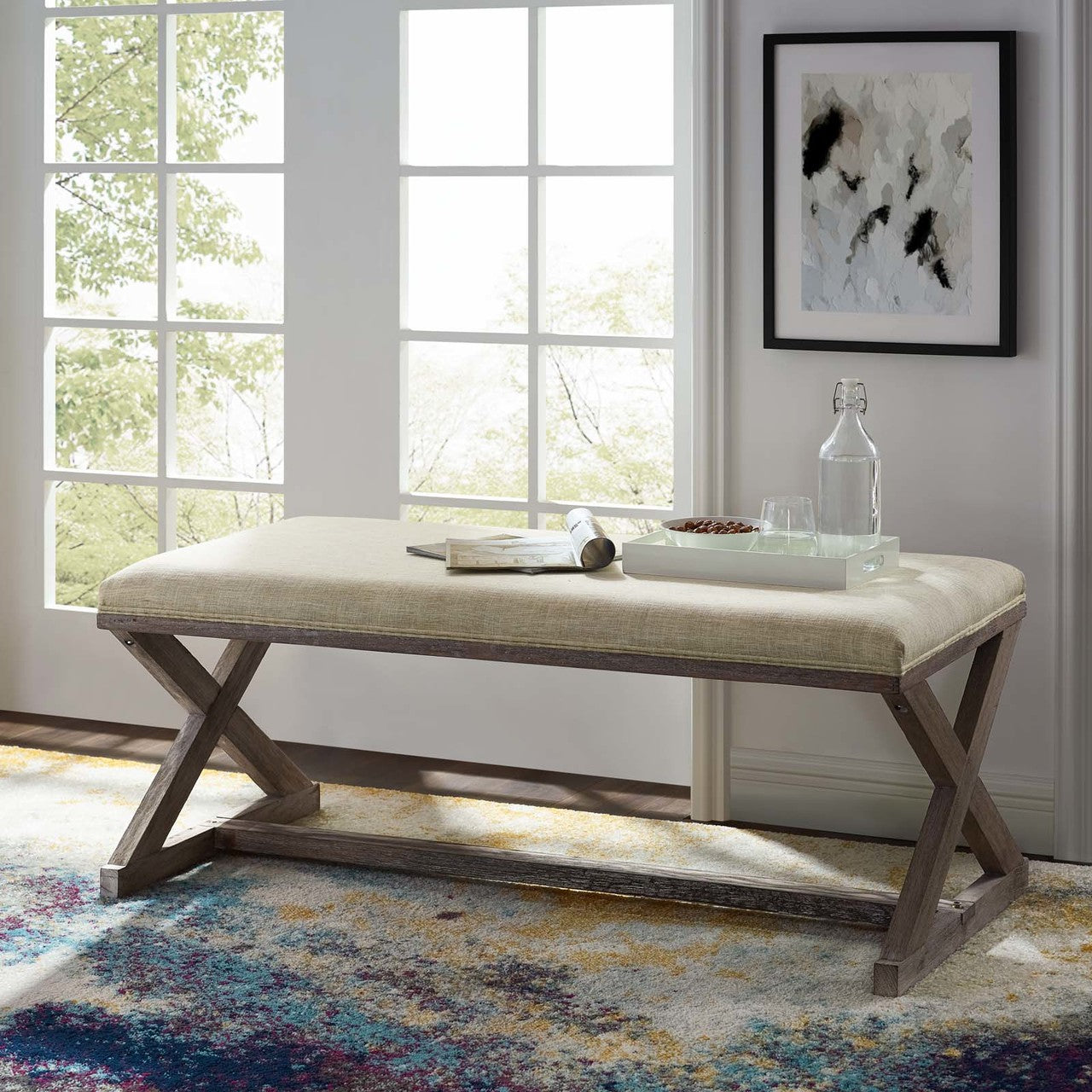 Province Vintage French X-Brace Upholstered Fabric Bench, Fabric Wood, Beige 15412