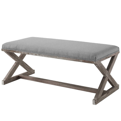 Province Vintage French X-Brace Upholstered Fabric Bench, Fabric Wood, Light Grey Gray 15414