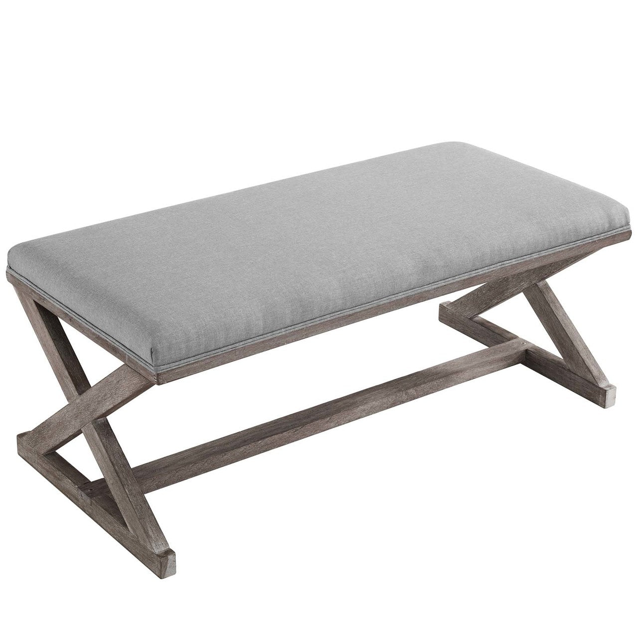 Province Vintage French X-Brace Upholstered Fabric Bench, Fabric Wood, Light Grey Gray 15414