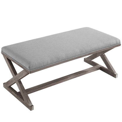 Province Vintage French X-Brace Upholstered Fabric Bench, Fabric Wood, Light Grey Gray 15414