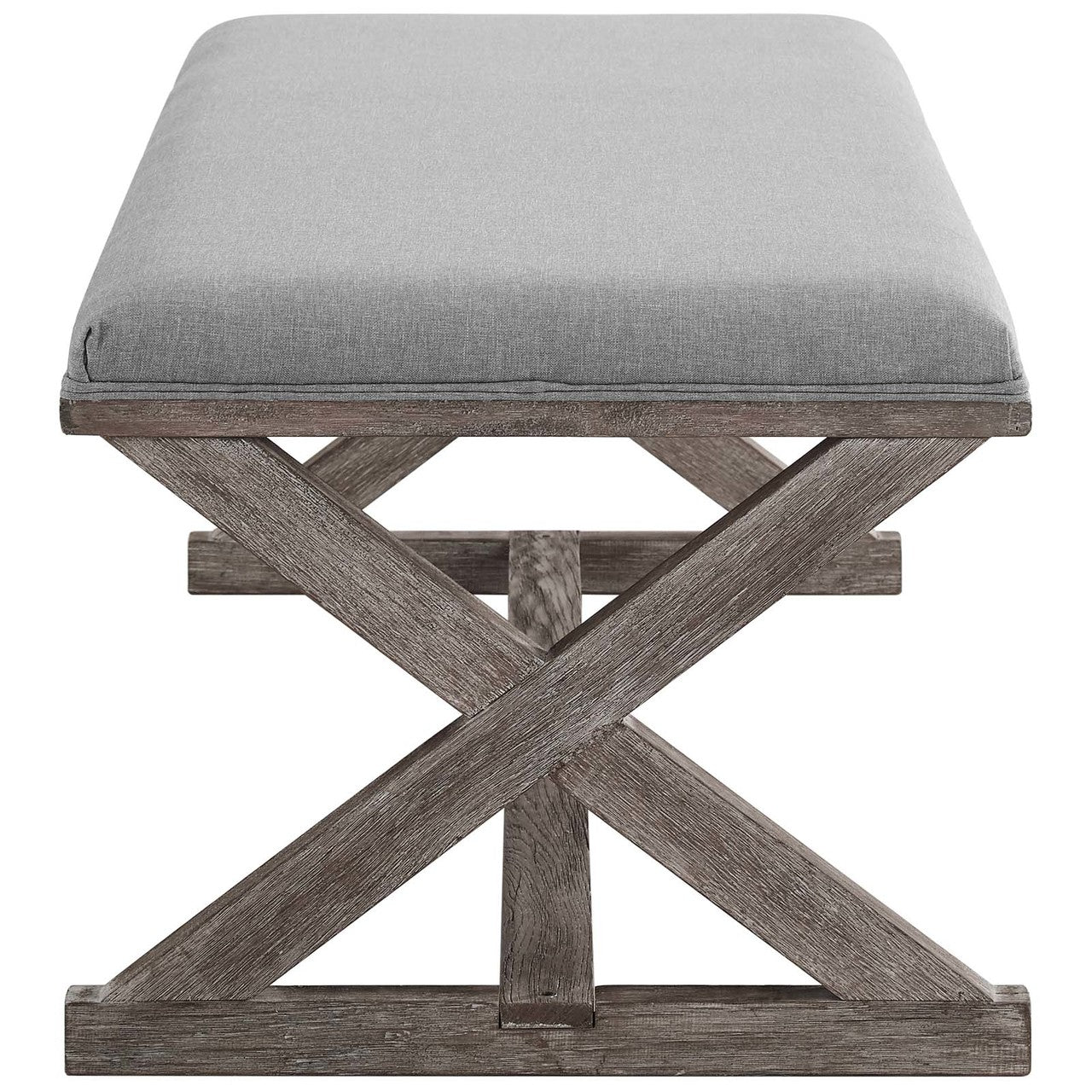 Province Vintage French X-Brace Upholstered Fabric Bench, Fabric Wood, Light Grey Gray 15414