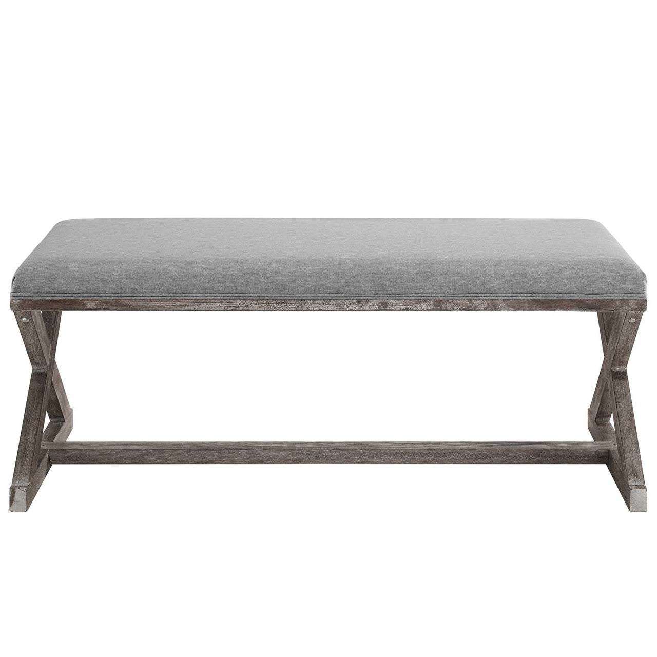 Province Vintage French X-Brace Upholstered Fabric Bench, Fabric Wood, Light Grey Gray 15414