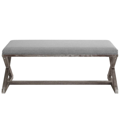 Province Vintage French X-Brace Upholstered Fabric Bench, Fabric Wood, Light Grey Gray 15414