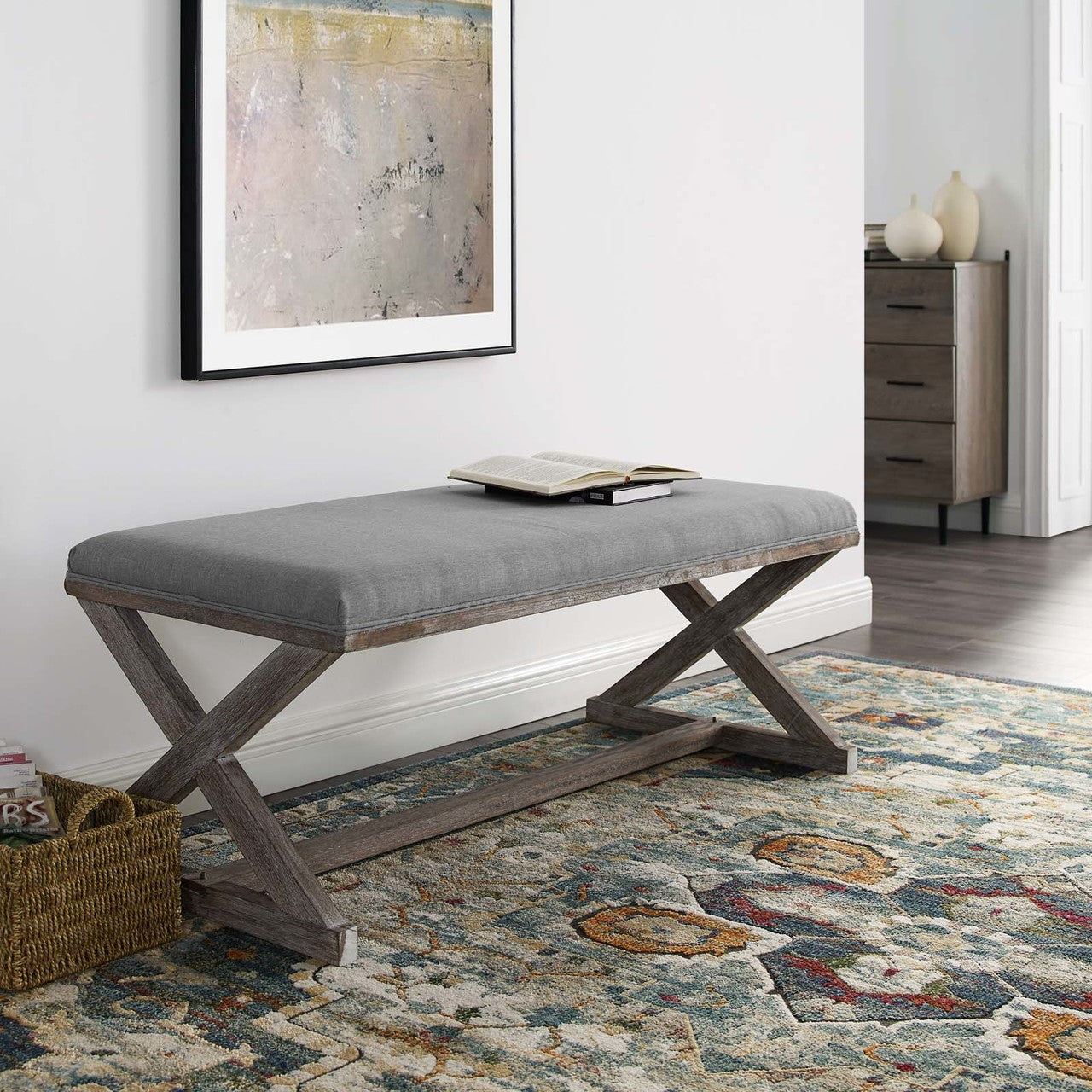 Province Vintage French X-Brace Upholstered Fabric Bench, Fabric Wood, Light Grey Gray 15414