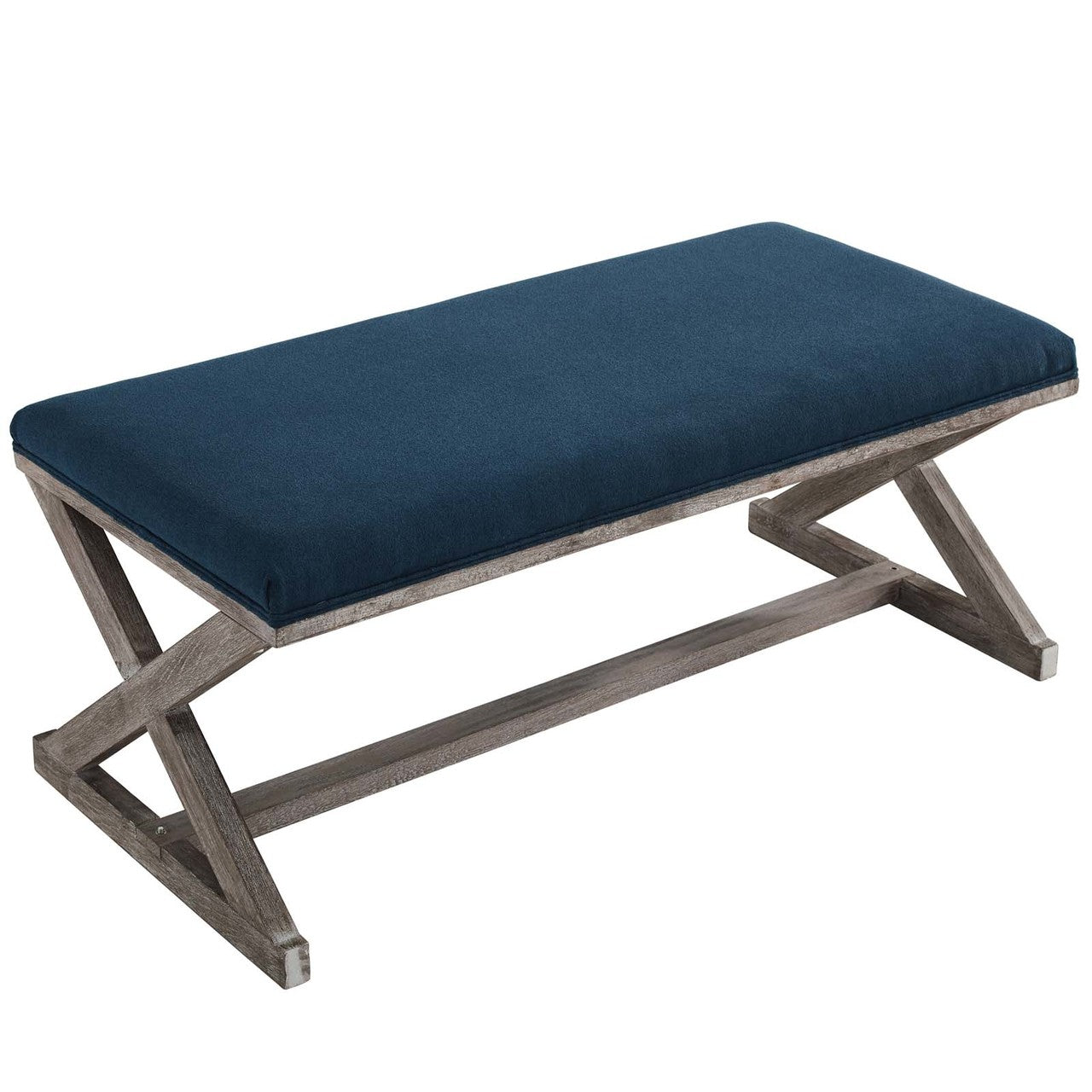 Province Vintage French X-Brace Upholstered Fabric Bench, Fabric Wood, Navy Blue 15415