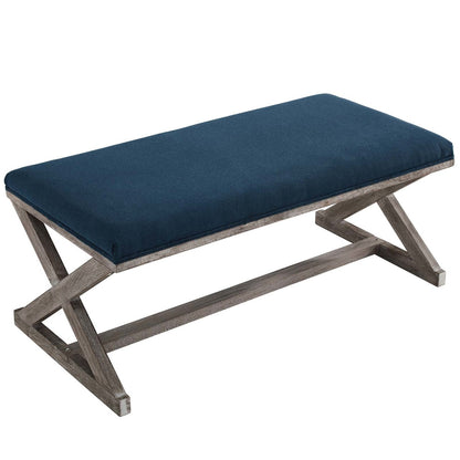 Province Vintage French X-Brace Upholstered Fabric Bench, Fabric Wood, Navy Blue 15415