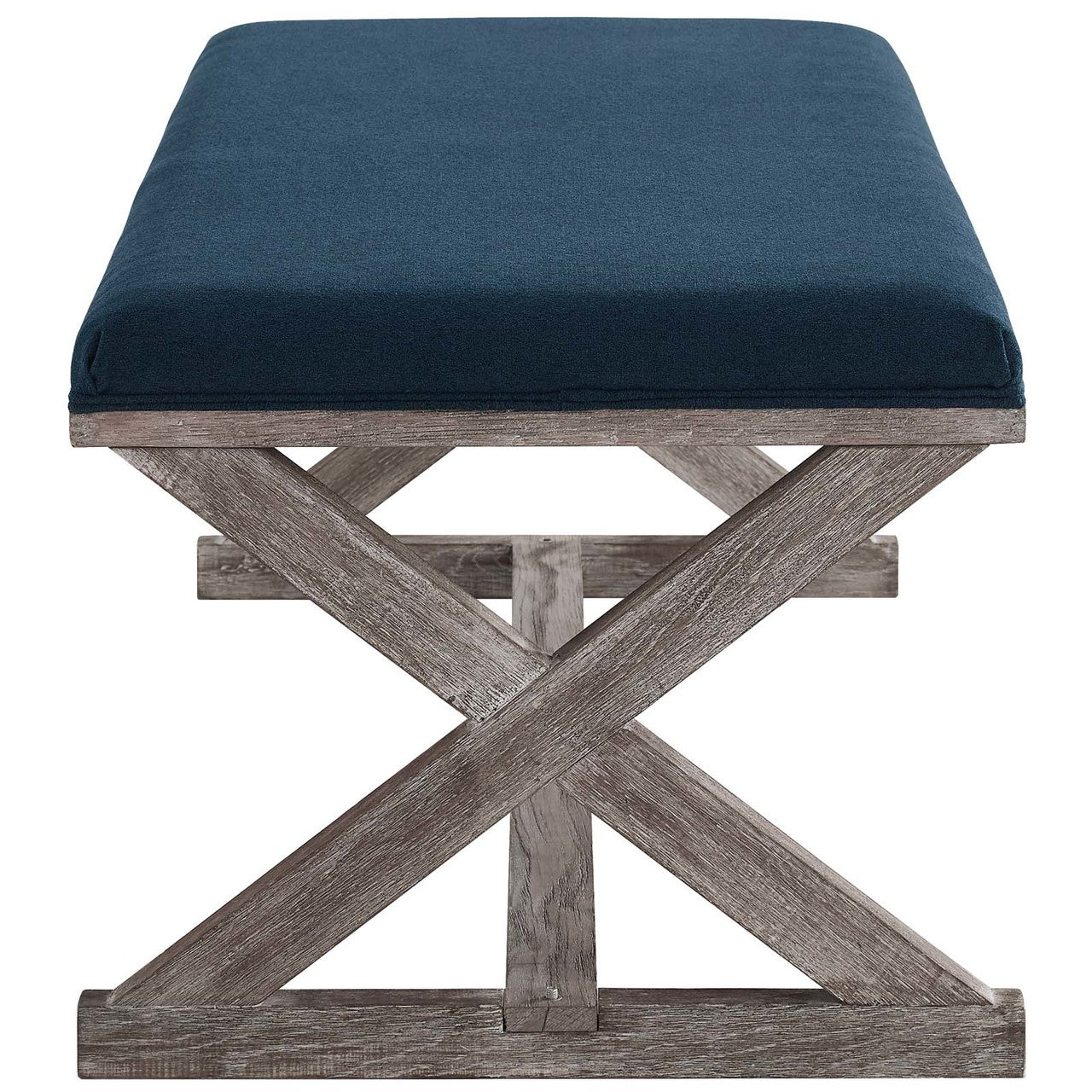 Province Vintage French X-Brace Upholstered Fabric Bench, Fabric Wood, Navy Blue 15415