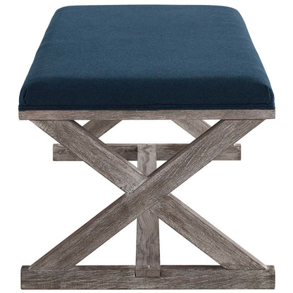 Province Vintage French X-Brace Upholstered Fabric Bench, Fabric Wood, Navy Blue 15415