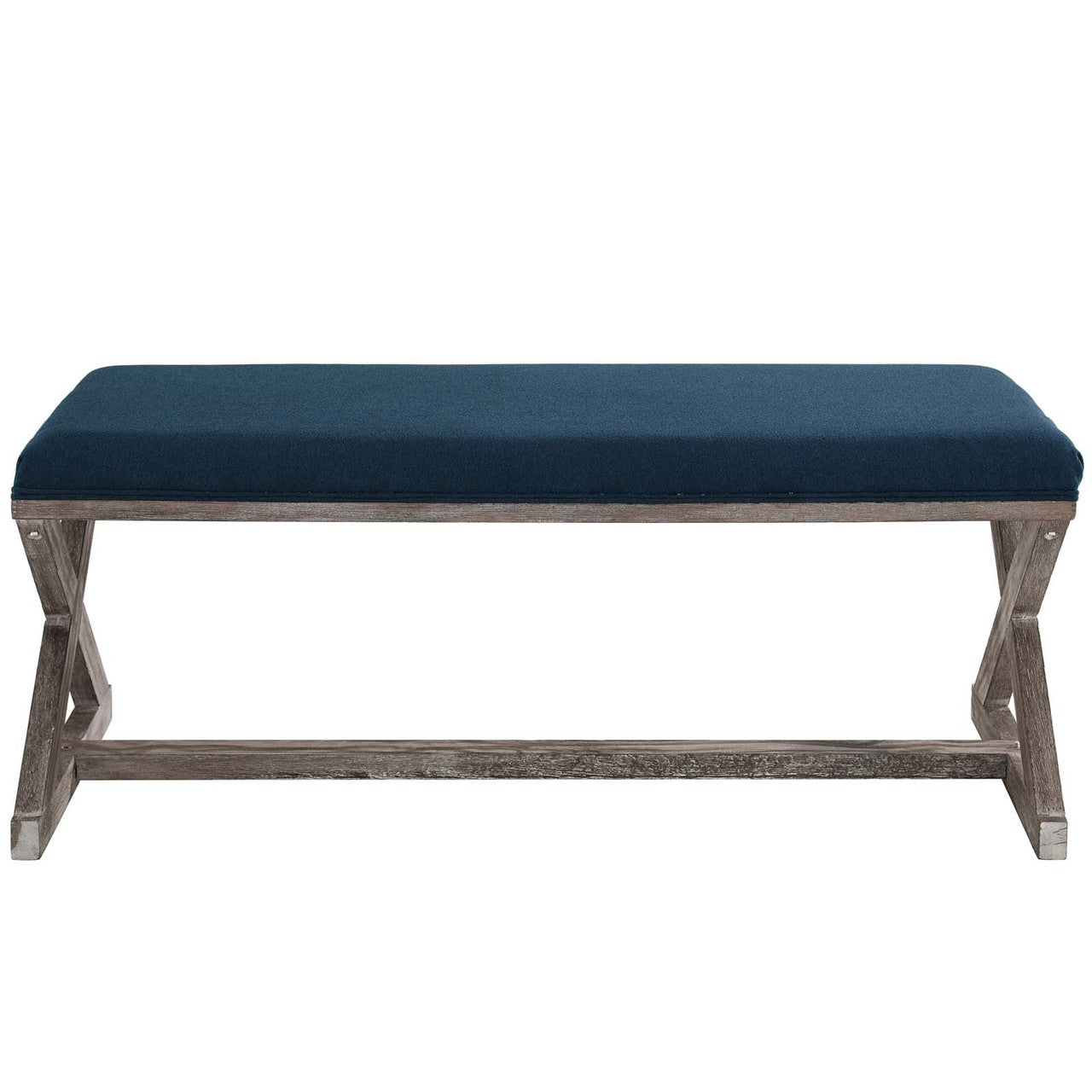 Province Vintage French X-Brace Upholstered Fabric Bench, Fabric Wood, Navy Blue 15415