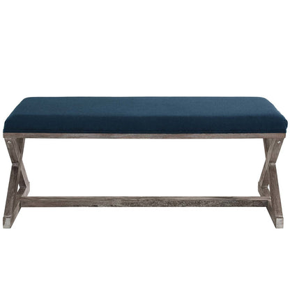 Province Vintage French X-Brace Upholstered Fabric Bench, Fabric Wood, Navy Blue 15415
