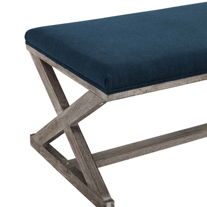 Province Vintage French X-Brace Upholstered Fabric Bench, Fabric Wood, Navy Blue 15415