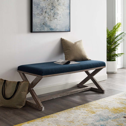 Province Vintage French X-Brace Upholstered Fabric Bench, Fabric Wood, Navy Blue 15415