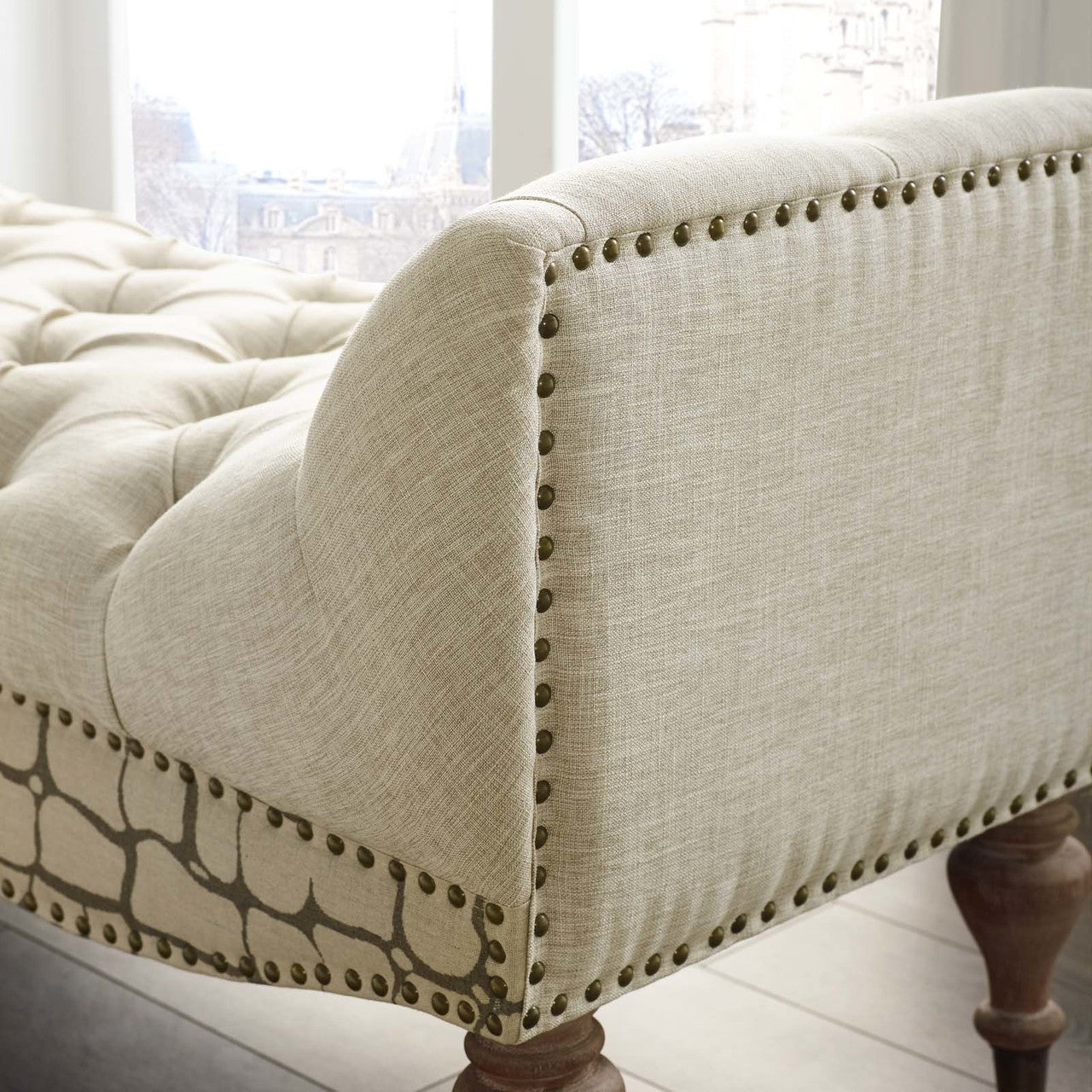 Roland Vintage French Upholstered Fabric Bench, Fabric Wood, Beige 15766
