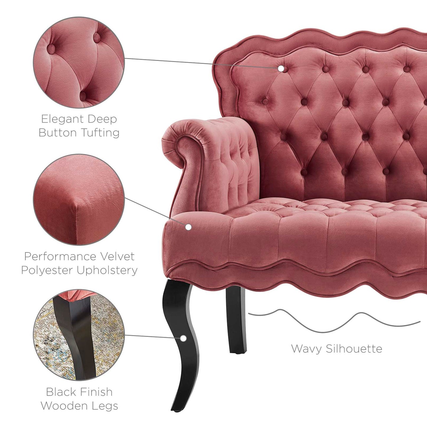 Viola Chesterfield Button Tufted Loveseat Performance Velvet Settee, Velvet Fabric, Pink, 17315